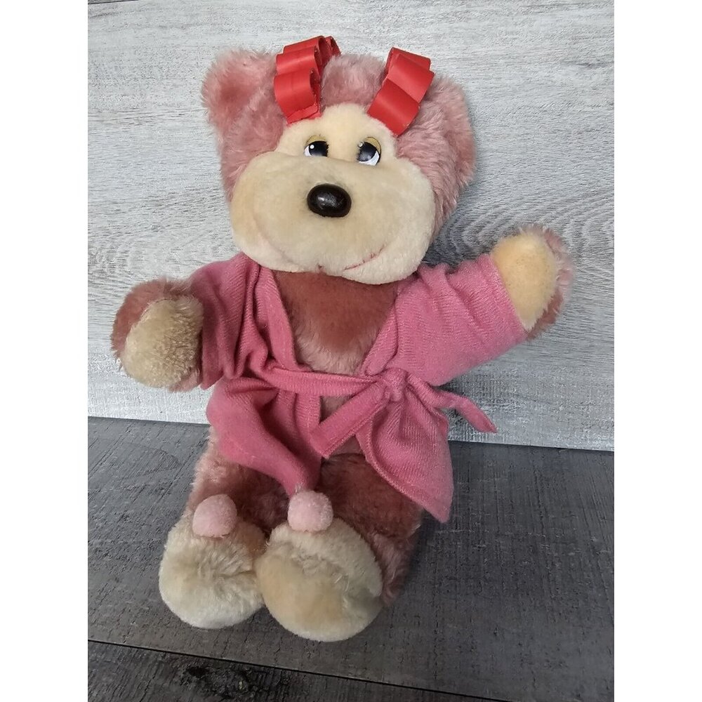 Vtg 1990s Pink Monkey Teddy Bear Bathrobe Curlers Plush Toy Spa Day Mauve